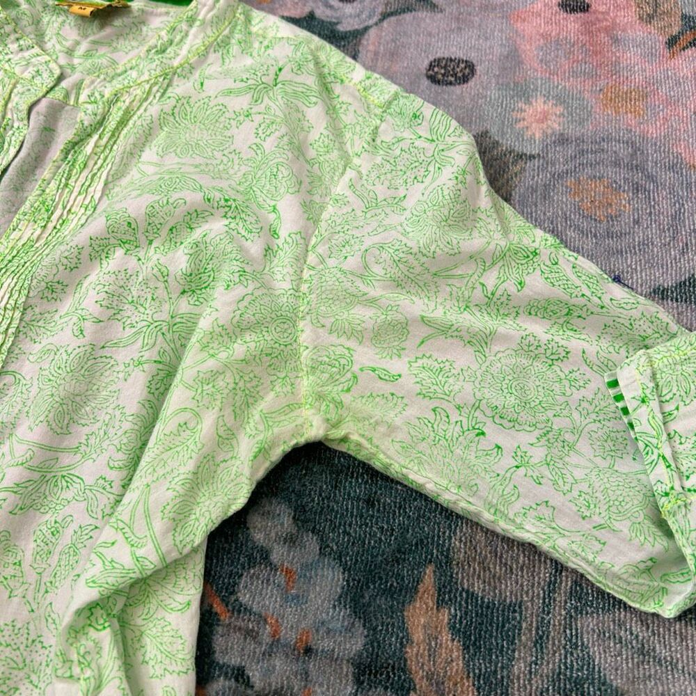 Roberta Roller Rabbit Blouse Top Womens Medium Green Floral 3/4 Sleeve Pintuck - Picture 6 of 16